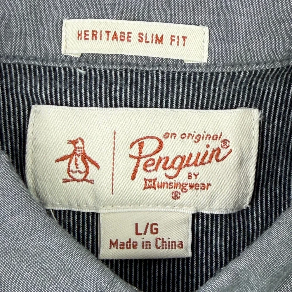 Original Penguin Polo Shirt Mens L Gray Striped Heritage Slim‎ Fit Short Sleeve